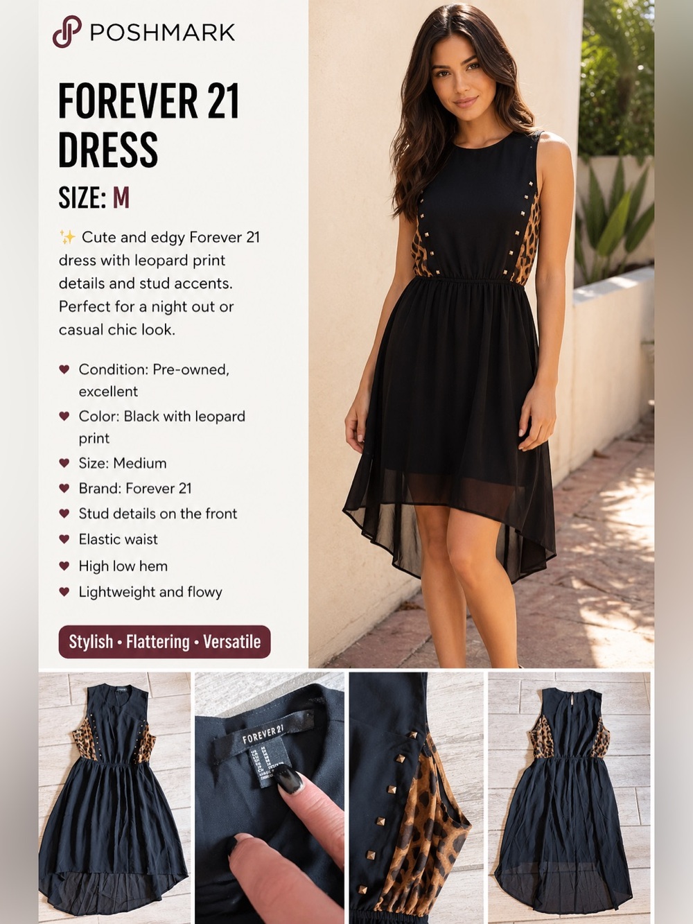 Forever 21 Black High-Low Dress with Leopard Side Panels size M